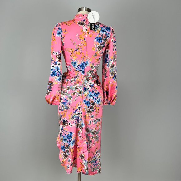 Boohoo Floral Print High Neck Ruched Midi Dress Blush Pink Satin size 10 - Picture 10 of 16